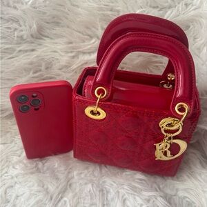 Elegant Quilted Tan and red mini Handbag and with crossbody strap